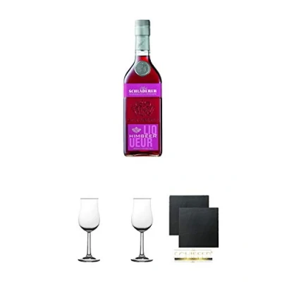 Abbildung von Schladerer Himbeer Likör 0,5 Liter + 2 Bugatti Nosing Gläser mit Eichstrich 2cl und 4cl Schiefer Glasuntersetzer eckig ca. 9,5 cm Ø