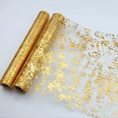 Abbildung von Snowkingdom Gold Tischläufer, 5,5 m, 2 Stück, Pailletten Glitzerfolie, Metallic Gold, dünne Netz Rolle, 27,9 x 274,3 cm, goldene Tischdekoration für Veranstaltungen, Partys, Hochzeiten,