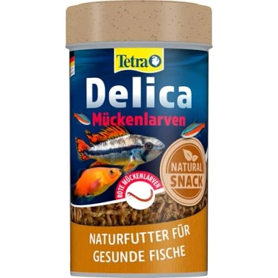 Abbildung von TetraDelica Bloodworms, Naturfutter für Zierfische, enthält zu 100 Prozent gefriergetrocknete rote Mückenlarven, ml Dose