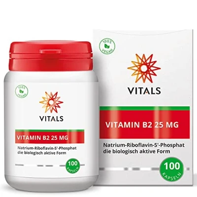 Abbildung von Vitals Vitamin B2 25 mg 100 Kapseln Natrium Riboflavin 5&#039; Phosphat. Die biologische aktive Form. Hohe Dosis in reiner