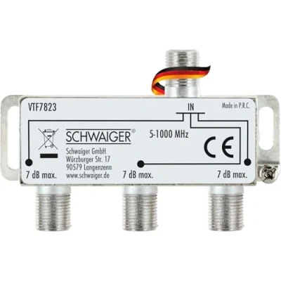 Abbildung von SCHWAIGER VTF7823 531 3fach Verteiler SAT Satellitenverteiler 3 Fach 17dB Entkopplung F Buchsen Aluminium für Anlagen Kabelanlagen Silber