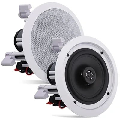 Abbildung von Pyle 16.5cm Deckenlausprecher Einbaulausprecher, Wandlautsprecher, Flache Lautsprecher, 200W 2 Wege Lausprecher, Ceiling Speaker, Polymer Hochtöner, Stereo Sound, rund, Weiß, für Zuhause/Büro