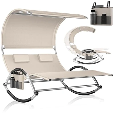 Abbildung von KESSER® Doppel Sonnenliege Doppelliege mit Sonnendach, Kopfkissen Tasche für 2 Personen, Relaxliege, Gartenliege, Schaukelliege ergonomische Liegefläche, 240 kg Belastung, Seitentasche, Beige