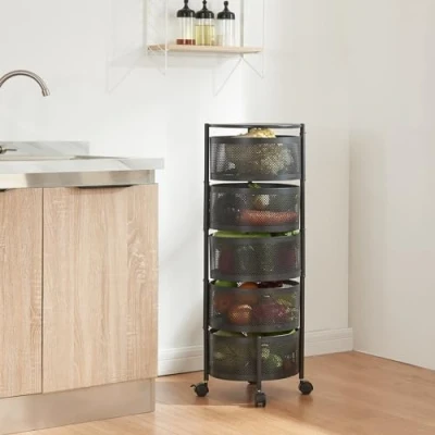Abbildung von [en.casa] Rollwagen Steigen mit 5 Ebenen mehrlagiges Küchenregal Rädern Servierwagen aus Stahl ausklappbare Körbe Regal für Küche, Bad 89,5 x Ø33 cm Schwarz