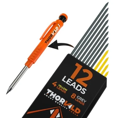 Abbildung von THORVALD 12 Minen 2,8 mm Tieflochmarker Bleistift 8 Graue + 4 Gelbe für Holz, Metall, Beton, Fliesen