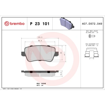 Abbildung von BREMBO P 23 101 Bremsbelagsatz exkl. Verschleißwarnkontakt mit Bremssattelschrauben Zubehör FIAT: Croma II Kombi, Kastenwagen