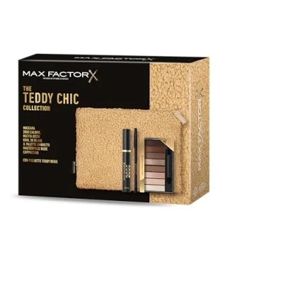 Abbildung von Max Factor, Geschenkbox für Damen Teddy Chic, Clutch aus weichem Stoff mit Mascara 2000 Cal Black + Augenstift Khol Kajal 20 Lidschatten Palette Masterpiece Nude Cappuccino