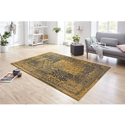 Abbildung von Hanse Home Teppich Plume Used Look Kurzflor Modern Vintage Design Teppiche für Esszimmer, Wohnzimmer, Kinderzimmer, Flur, Schlafzimmer, Küche Gold Grau 160x230cm