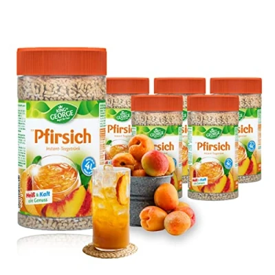 Abbildung von KING GEORGE Royal Tea Time, Pfirsich Instantgetränk 6 x 400 g, Heiß &amp; Kalt ein Genuss, Instantteegetränk mit Geschmack, ergibt bis zu 4 l, Schwarzteeextrakt