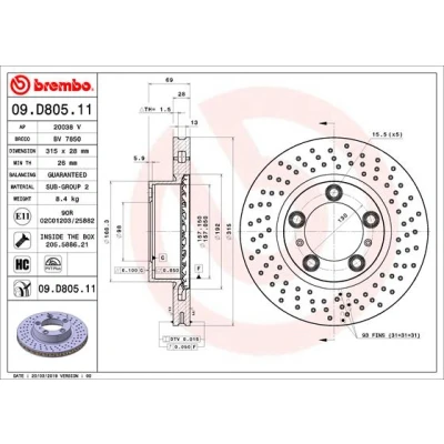 Abbildung von BREMBO 09.D805.11 Bremsscheibe 315 28 5 gelocht/innenbel. beschichtet hochgekohlt mit Schrauben PORSCHE: Cayman, Boxster