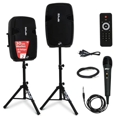 Abbildung von Pyle Bassbox aus Subwoofer Aktiv + Passive Passiv Lautsprecher Set mit Mikrofon, Ständer &amp; Fernbedienung. 1800 Watt Bluetooth 30,5cm
