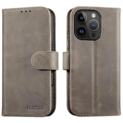Abbildung von LENSUN Lederhülle für iPhone 16 Pro, Echtleder Hülle [Magnetverschluss][Kartenfach][Echtes Leder] Handyhülle Handytasche Klappbar Kompatibel mit Pro 5G Graubraun