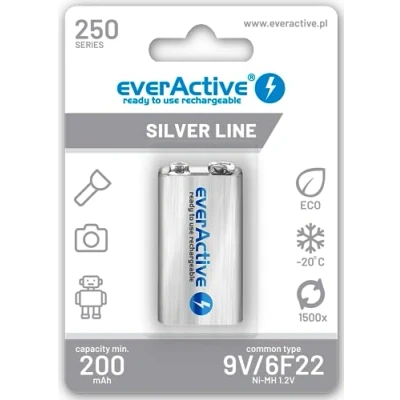 Abbildung von everActive Akku 9V 250 mAh, Ni MH, Block, wiederaufladbar, vorgeladen, Silver Line, 6F22 HR22 8.4V, 1 Stück Blisterkarte, EVHRL22 250, silber