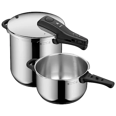 Abbildung von WMF Perfect One Pot Schnellkochtopf Set Induktion 2 teilig, Dampfkochtopf 8,5l + 4,5l ohne Einsatz, großes Kochsignal, Kochstufen, abnehmbarer Deckelgriff
