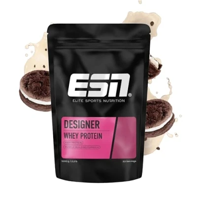 Abbildung von ESN Designer Whey Protein Pulver, Cookies and Cream, 1 kg, bis zu 23 g pro Portion, ideal zum Muskelaufbau und erhalt made in Germany