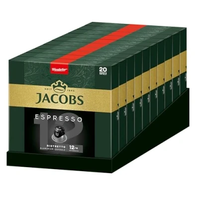 Abbildung von Jacobs Kaffeekapseln Espresso Ristretto 12, Nespresso* kompatible Kapseln, Feinporige Crema, Intensität 12/12, 200 Stück (10 x 20 Getränke)