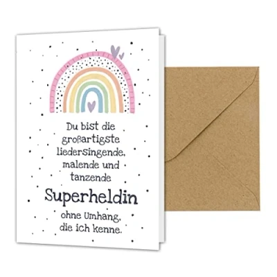 Abbildung von Dankeskarte Erzieherin, Abschiedskarte Kindergarten und Kita mit Regenbogen, Abschluss Abschied Geschenk für Tagesmutter, süße Danke Karte Umschlag, Abschiedsgeschenk (Superheldin)