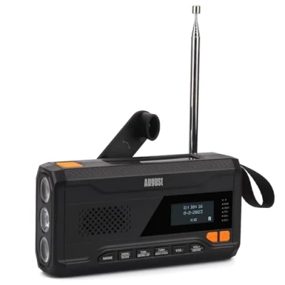 Abbildung von Kurbelradio DAB/FM/Bluetooth August MB290B Solar Radio 4500mAh wiederaufladbare Powerbank, 3 Modi LED Taschenlampe Sleeptimer SOS Alarm 3.5mm Notfallradio mit Handkurbel für Camping Wandern Zelten