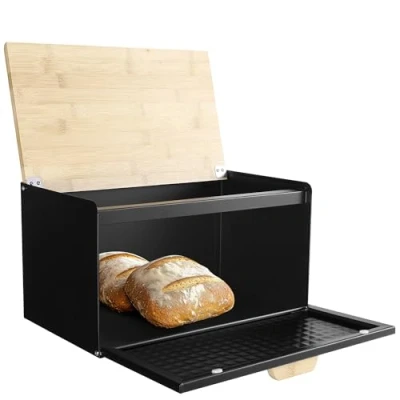 Abbildung von Navaris Vorratsdose Praktische Aufbewahrung Brot Brotaufbewahrungsbox Brotkiste, Kohlenstoffstahl, (1 tlg), Brotkasten Metall Groß Schwarz Brotbox Küche mit Bambus Deckel