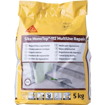 Abbildung von Sika Universalmörtel MonoTop 112 MultiUse Repair Grau ideal für Betonreparatur Außenanwendungen einfache Verarbeitung 5 kg