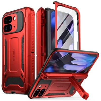 Abbildung von Poetic Spartan Schutzhülle für Google Pixel 9 Pro Fold 5G, Scharnierschutz, Ständer, militärischer Schutz, stoßfest, robuste mit integriertem Displayschutz, Metallic Rot