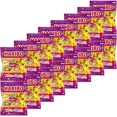 Abbildung von Haribo Kinder Party Mini Beutel Fruchtgummi teilweise mit Schaumzucker und Cola Geschmack VPE (16x250g Packung)