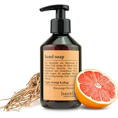 Abbildung von Jean &amp; Len Handseife Blutorange Vetiver, reinigt Hände sanft, Flüssigseife im Pumpspender für reine und gepflegte Hände, fruchtig holziger Duft, ohne Parabene, Silikone Mikroplastik, vegan, 250 ml
