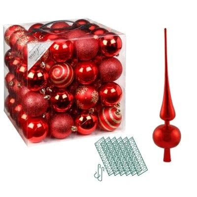 Abbildung von JACK Christbaumschmuck 64x Kunststoff Christbaumkugeln Ø6cm + Spitze 28cm inkl Aufhänger, Kugeln: Rot Gold, Spitze: Gold