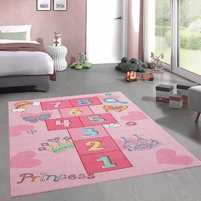Abbildung von CARPETIA Hüpfkästchen Kinder Spielteppich mit Herzen Krone &amp; Prinzessinnen Burg in rosa, 160 x 220 cm