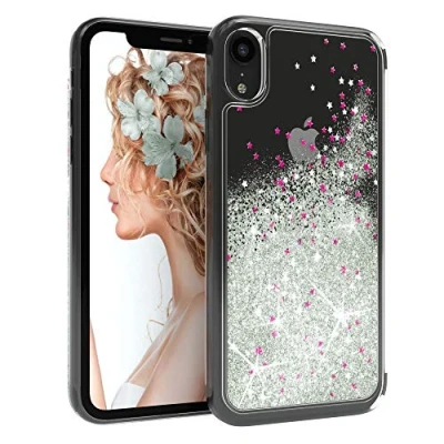Abbildung von EAZY CASE Hülle kompatibel mit iPhone XR Schutzhülle Flüssig Glitzer, Handyhülle, Schutzhülle, Back Cover Glitter Flüssigkeit, aus TPU/Silikon, Transparent/Durchsichtig, Silber