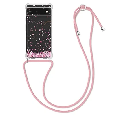 Abbildung von kwmobile Necklace Case kompatibel mit Google Pixel 6 Hülle Silikon Cover Handykette Rosa Dunkelbraun Transparent Kirschblütenblätter