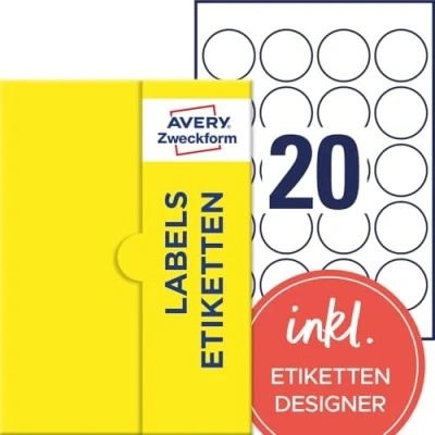 Abbildung von AVERY Zweckform P3413 25 runde Etiketten (500 Klebepunkte, Ø45mm auf A4, Aufkleber zum Bedrucken, selbstklebende Produktetiketten, permanent haftende Marmeladenetiketten) Blatt, weiß