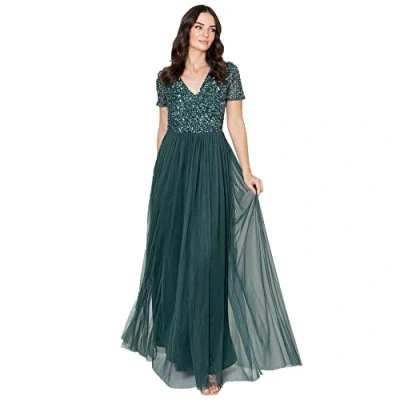 Abbildung von Maya Deluxe Damen Ballkleid Abendkleid V Ausschnitt Maxi Länge Pailletten Kurze Ärmel für Hochzeit Geburtstag Brautjungfer Brautjungfernkleid, Emerald Green, 38
