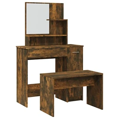 Abbildung von vidaXL Schminktisch Set Frisiertisch Kommode Frisierkommode Kosmetiktisch mit Hocker Spiegel Schminkhocker Schlafzimmer Räuchereiche 86,5x35x136cm