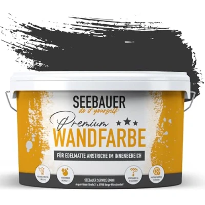 Abbildung von SEEBAUER diy Wandfarbe Schwarz 10L für Innen (No. 100 Black Pearl) Edelmatte tiefschwarze Innenfarbe Schwarztöne sehr hohe Deckkraft Matt, Abwaschbar und Tropffrei