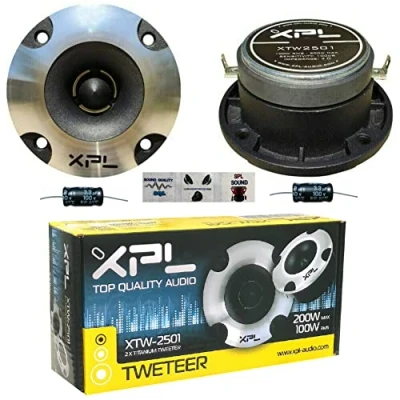 Abbildung von XPL 2 XTW2501 Ultra Slim hochtöner mit 100 watt rms und 200 max 10 cm Durchmesser 4&quot; db empfindlichkeit reduzierter Tiefe 4,2 cm, pro Paar + kondensatoren u 3 kostenlose Aufkleber