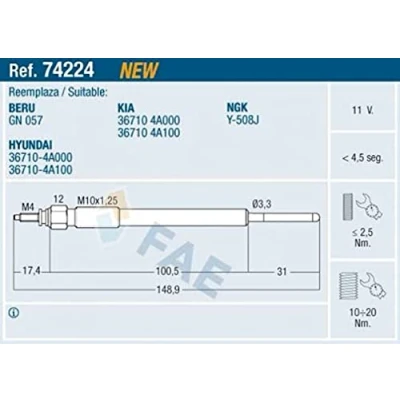 Abbildung von FAE 74224 Glühkerze 11V M 10x1,25 KIA: SORENTO 1, HYUNDAI: H 1 Travel, Cargo