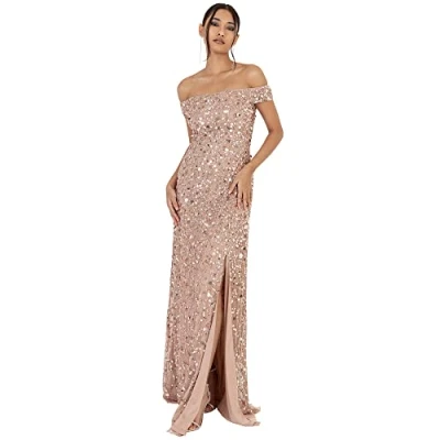 Abbildung von Ladies Maxi Dress with Slit Split Bardot Sleevless Sequin Embellishment Evening Gown for Wedding Guest Bridesmaid Prom Size 42