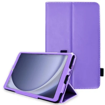 Abbildung von TECHGEAR Lederhülle für Samsung Galaxy Tab A9 8.7 (SM X110 / SM X115), Premium PU Leder, schlankes Folio Standgehäuse mit Handschlaufe [Lila]