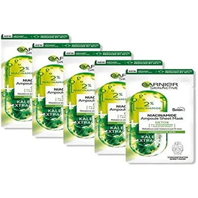 Abbildung von Garnier Ampulle Detox Reinigungsmaske für Mischhaut und fettige Haut, Schwarzkohlextrakt Niacinamid, 5 Stück