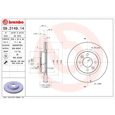Abbildung von BREMBO 09.3149.14 Bremsscheibe 259 20,2 4 innenbelüftet mit Schrauben RENAULT: 25, ESPACE 2, 1