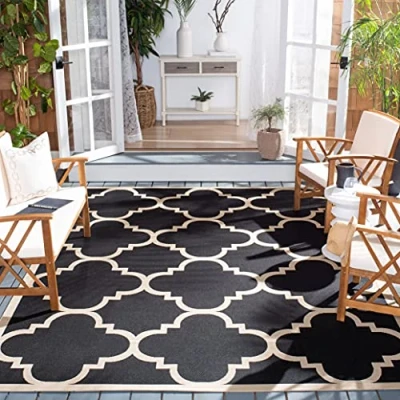 Abbildung von SAFAVIEH Spalier Teppich für Drinnen &amp; Draussen Courtyard Collection, Kurzer Flor, Schwarz und Beige, 160 X 231 cm