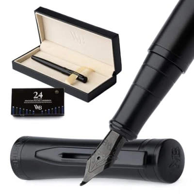 Abbildung von Wordsworth &amp; Black Füllfederhalter Set, gebogene Feder, enthält 24 Tintenpatronen, Tinten Konverter Geschenkbox, Kalligraphie, [Komplett Schwarz], perfekt für Männer Frauen