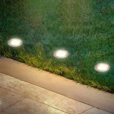 Abbildung von BRILONER Connect to Shine 12V Gartensystem 3er Set LED Bodeneinbaustrahler, Basisset mit Trafo, IP67, warmweißes Licht, Gartenbeleuchtung, Bodeneinbauleuchten, 45x 25mm, Silberfarbig