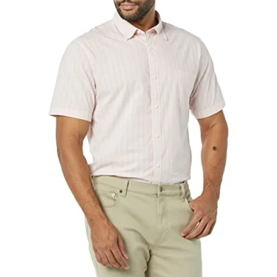 Abbildung von Amazon Essentials Herren Kurzärmeliges Hemd aus Popeline, Schmale Passform, Beige Rosa Doppelstreifen, L