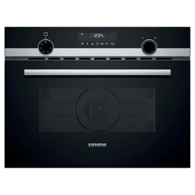 Abbildung von Siemens CM585AGS1 iQ500, Einbau Mikrowelle mit Heißluft, 60 x 45 cm, 900 W, 44 L Garraum aus Edelstahl, touchControl Bedienung, Hydrolytische Reinigungshilfe, cookControl 15 Automatikrogramme, Schwarz