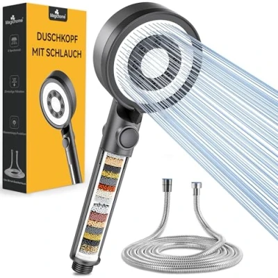Abbildung von Magichome Duschkopf mit Schlauch 1,5M Hochdruck Filter in 20 Schichten 5 Strahlarten Handbrause und Stoppfunktion Wassersparend Brausekopf für Entfernen vom harten Wasser, Rest Chlor