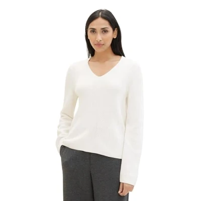 Abbildung von TOM TAILOR Damen Basic Strickpullover mit V Ausschnitt, 10315 Whisper White, XXS
