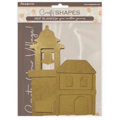 Abbildung von Stamperia MDF Crafty Shapes Blanks Silent Sea Village Bell Tower and Bridge Landscape (12pcs) (KLSM47)
