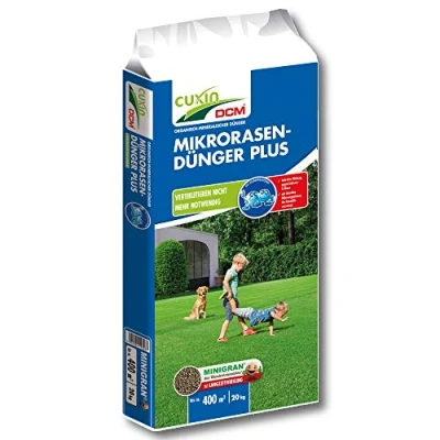Abbildung von CUXIN DCM Mikrorasen Dünger Plus Langzeit Rasendünger MINIGRAN® TECHNOLOGY Kein Vertikutieren nötig organisch mineralischer NPK 20 KG für 400qm